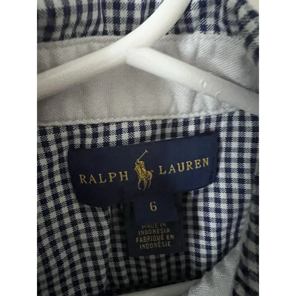 Ralph Lauren Boys Size 6 Blue/White Gingham Short Sleeve Logo Button-Up